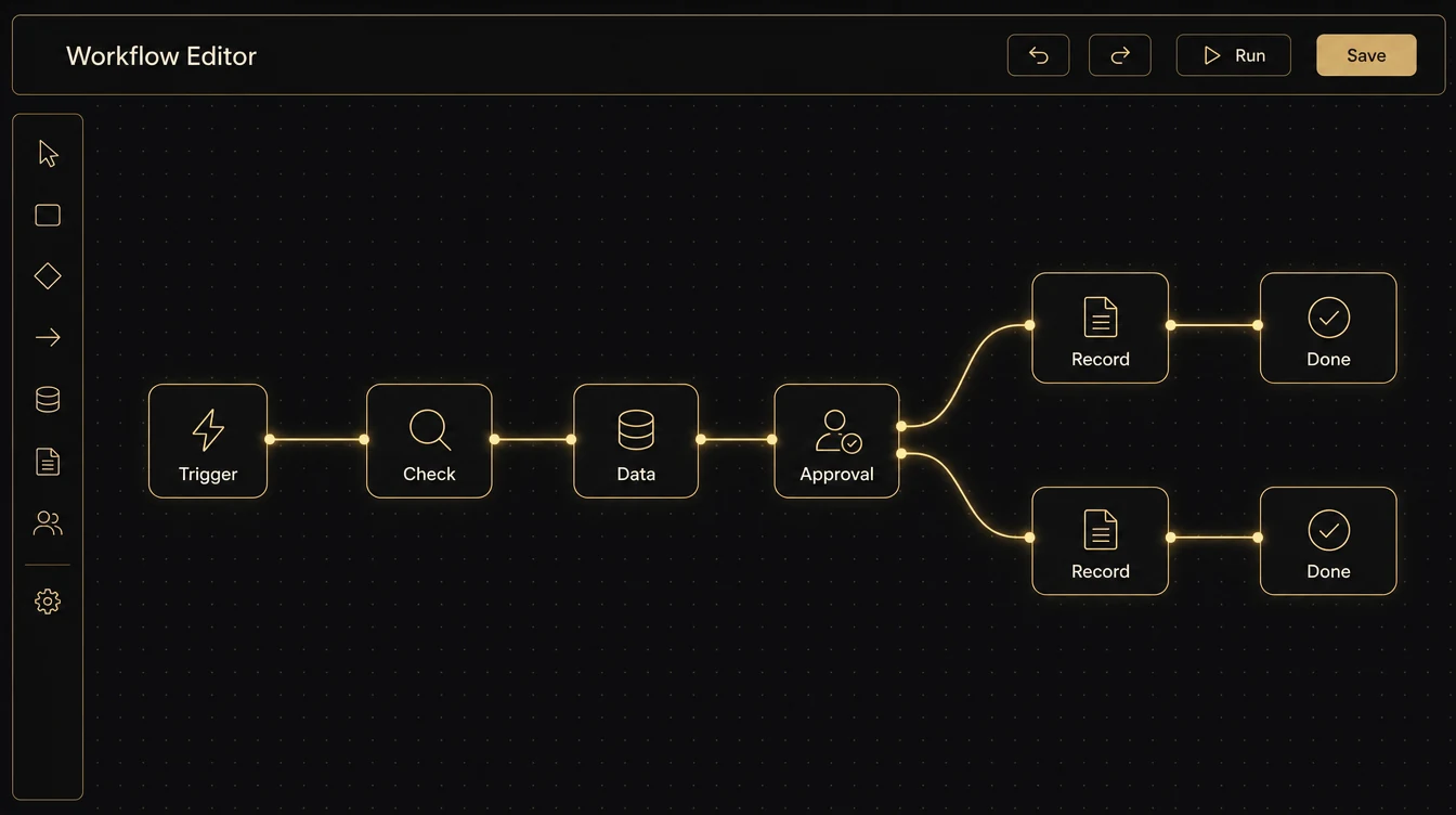 Visual workflow editor with connected steps from trigger through check and approval to done