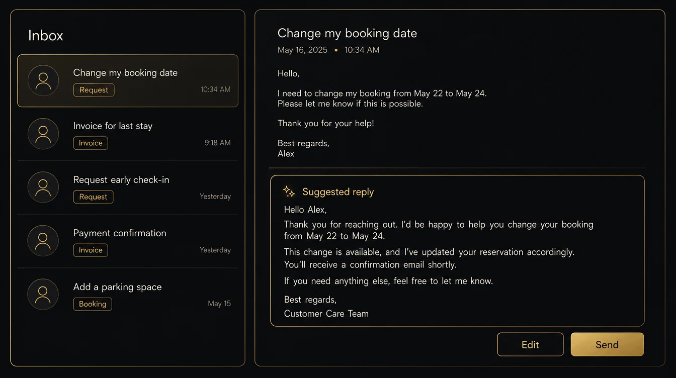 Inbox with automatically sorted enquiries and a prepared suggested reply