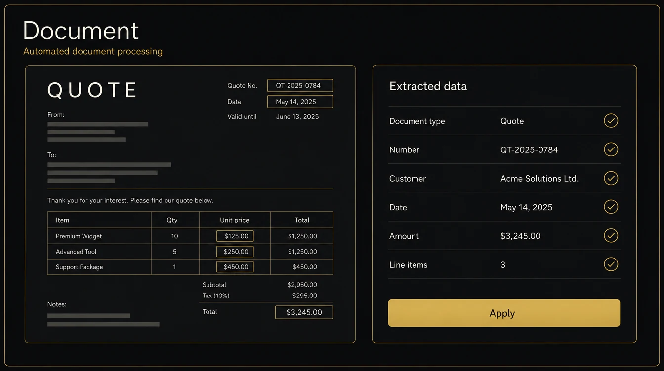 Quote document with automatically extracted fields such as number, customer, date and amount
