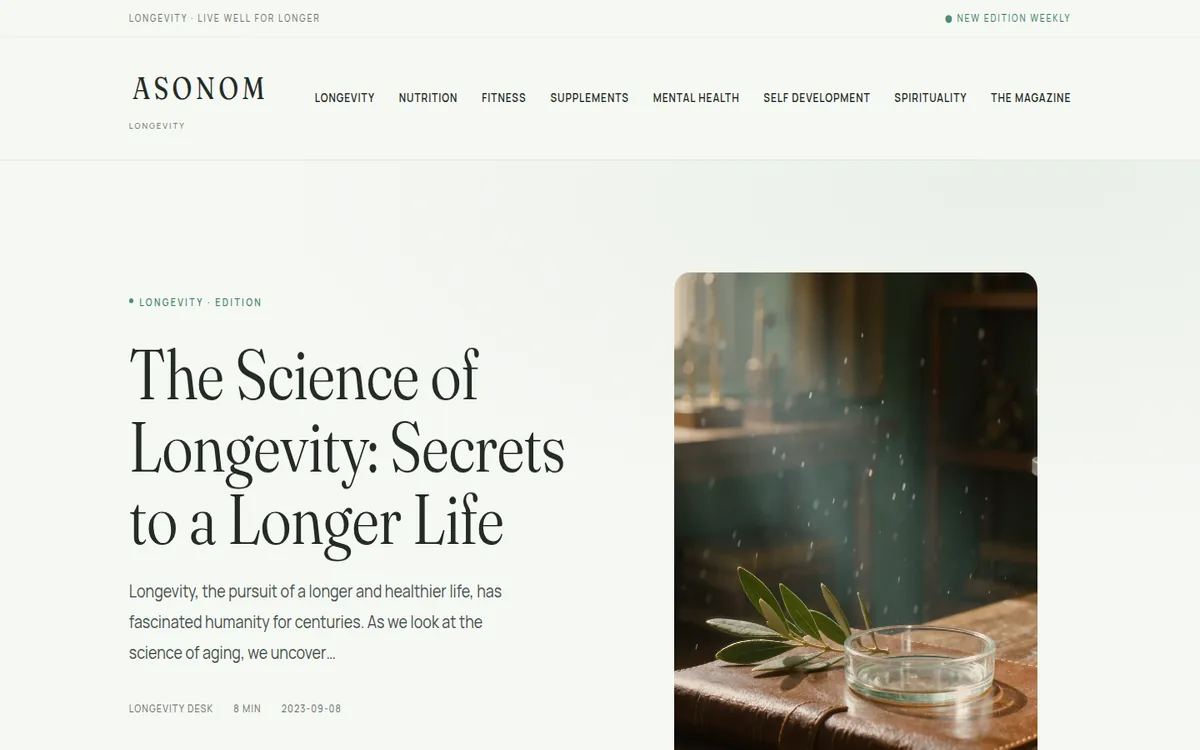 Home page of ASONOM with an article on the science of longevity