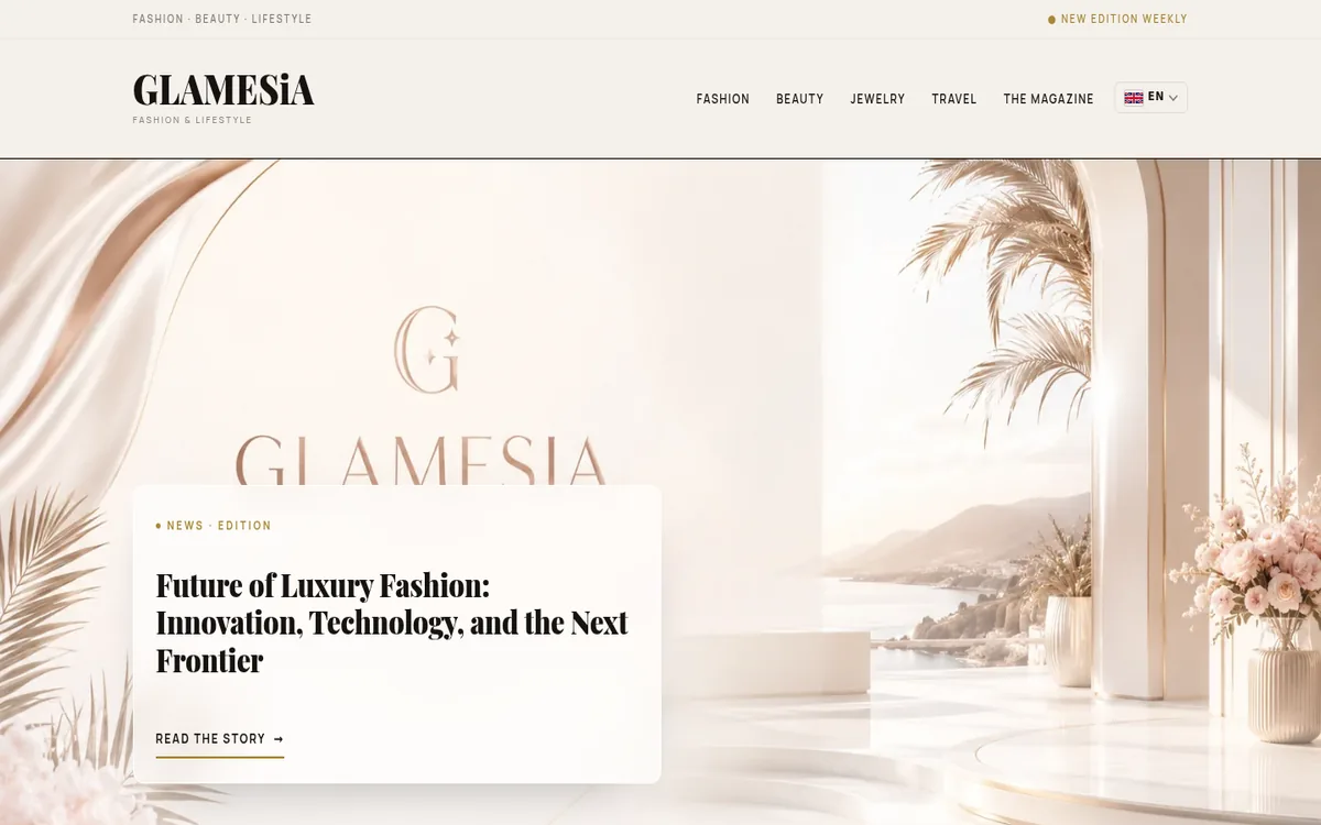 Home page of GLAMESiA with a soft, light fashion setting