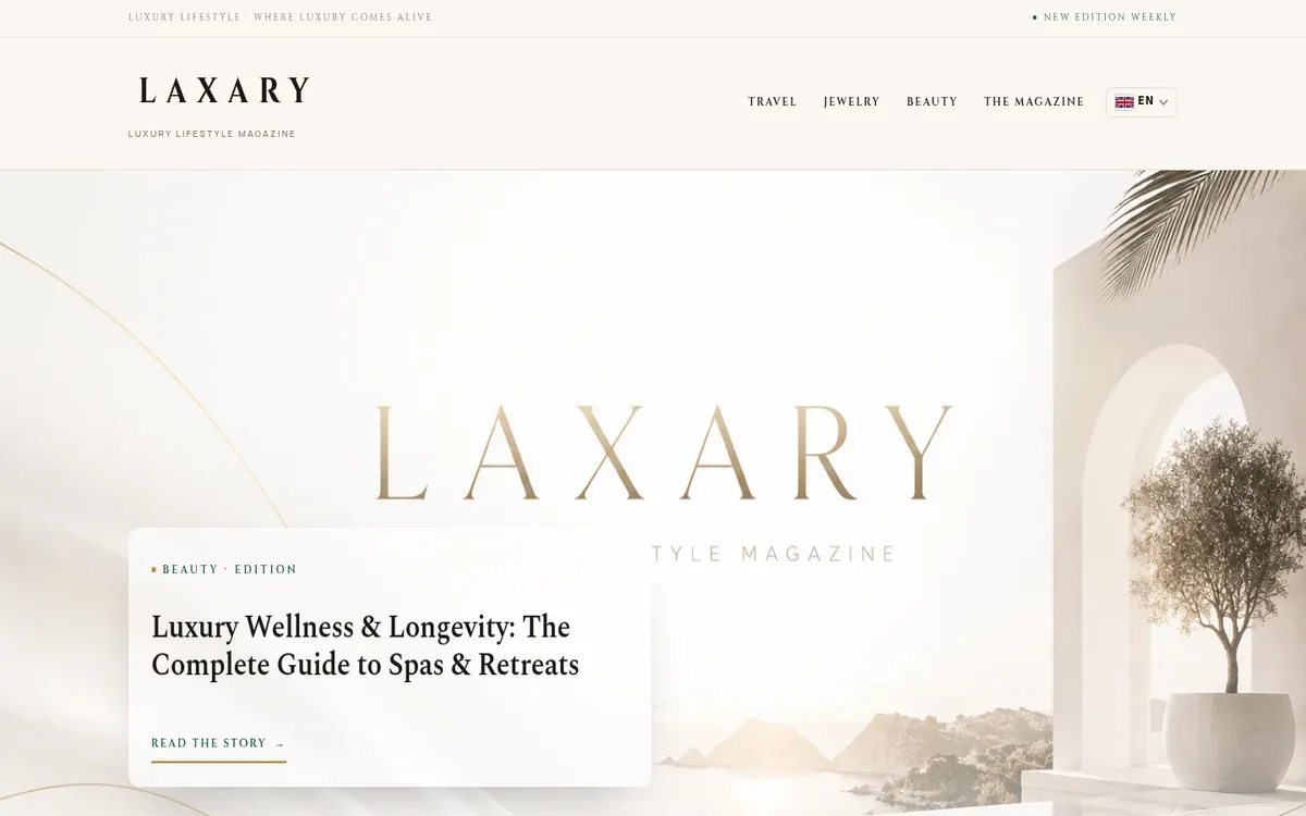 Home page of Laxary, a bright arcade with olive trees
