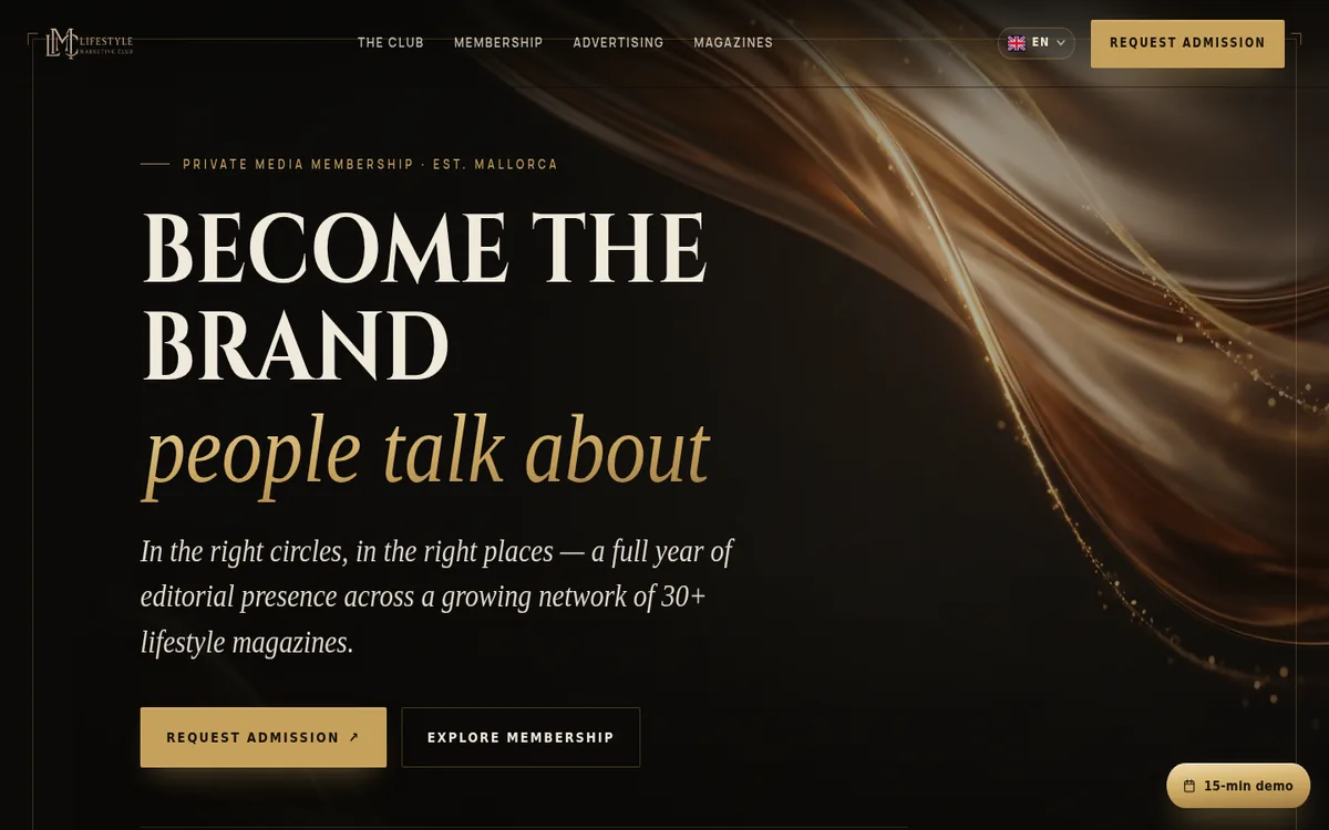 Home page of the Lifestyle Marketing Club with the line Become the Brand