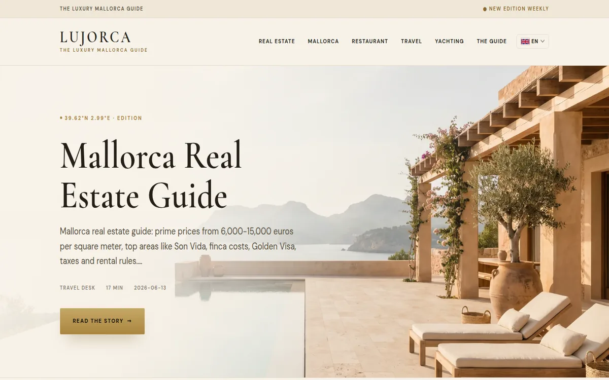 Home page of LUJORCA with a Mallorcan villa and pool