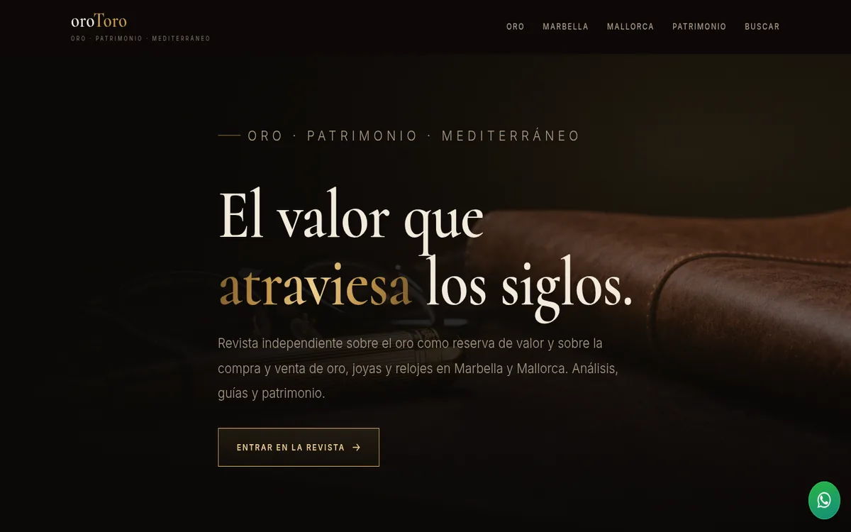 Home page of oroToro with a dark still life of gold