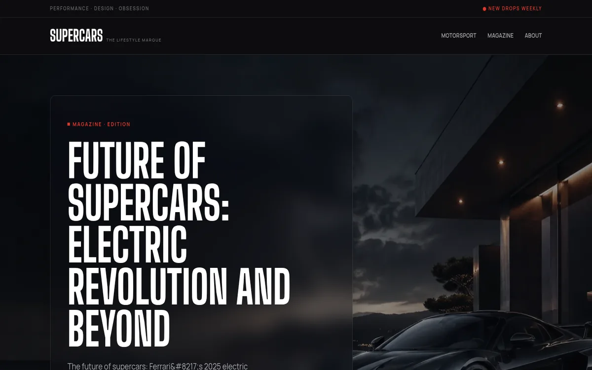 Home page of Supercars.Lifestyle with a dark studio shot of a supercar