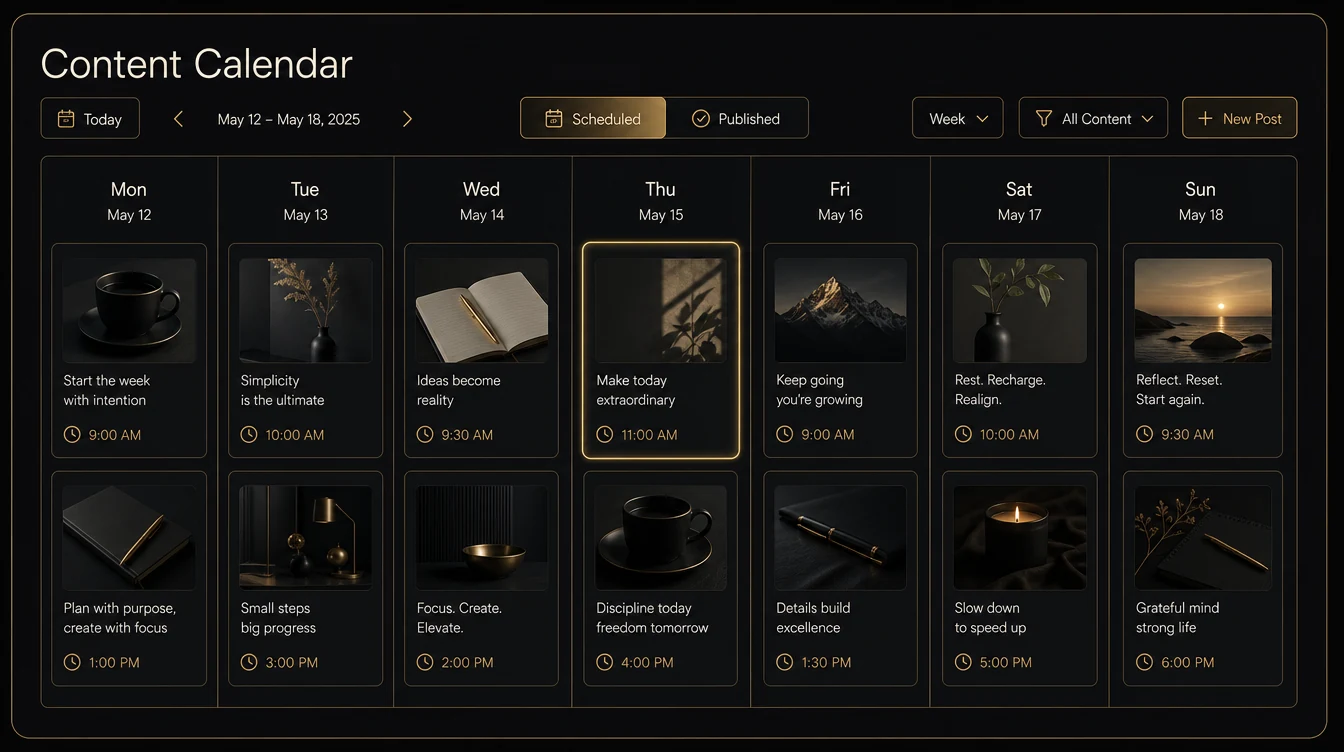 Weekly content calendar with prepared posts, images and publishing times