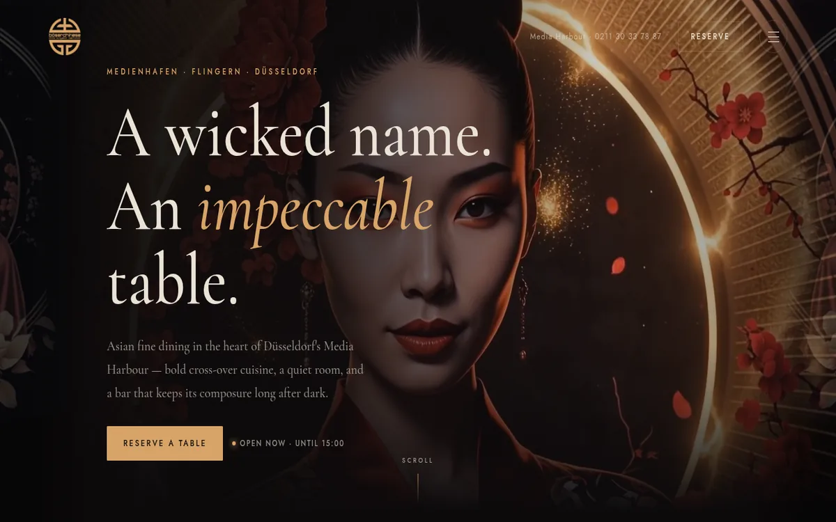 Home page of the restaurant Böser Chinese, dark imagery with gold lettering