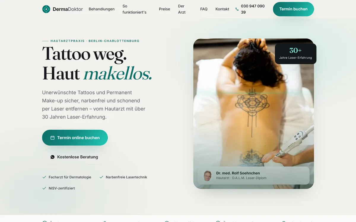 Home page of DermaDoktor on laser tattoo removal