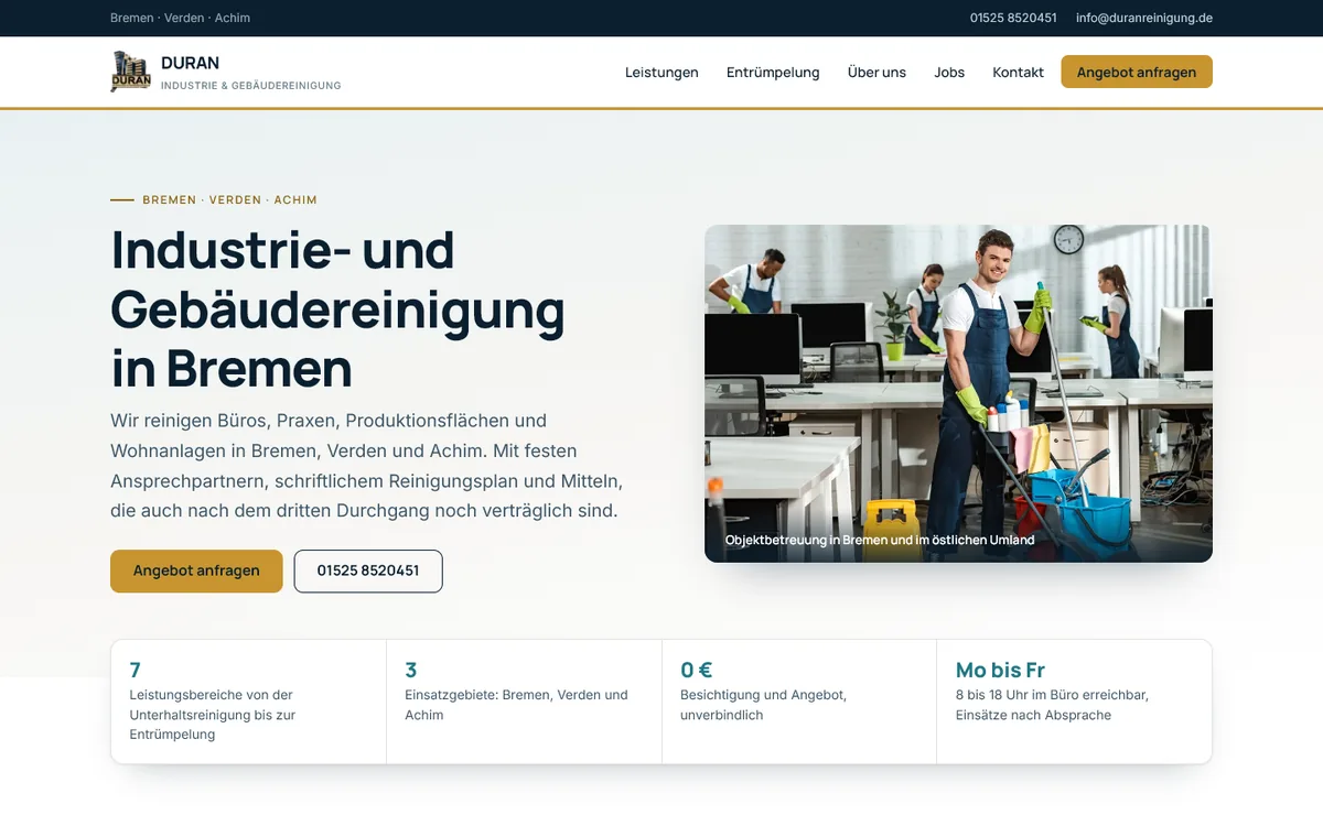 Home page of Duran with a cleaning team in an office