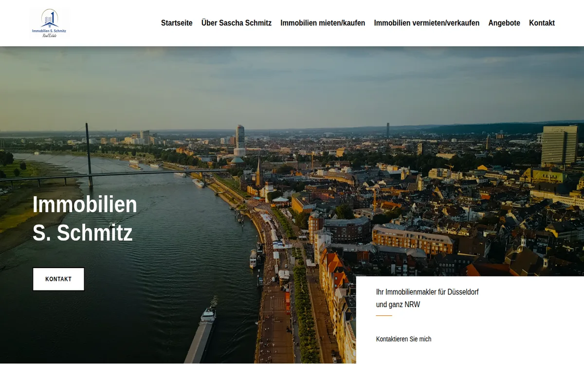 Home page of Immobilien S. Schmitz with an aerial view of Düsseldorf