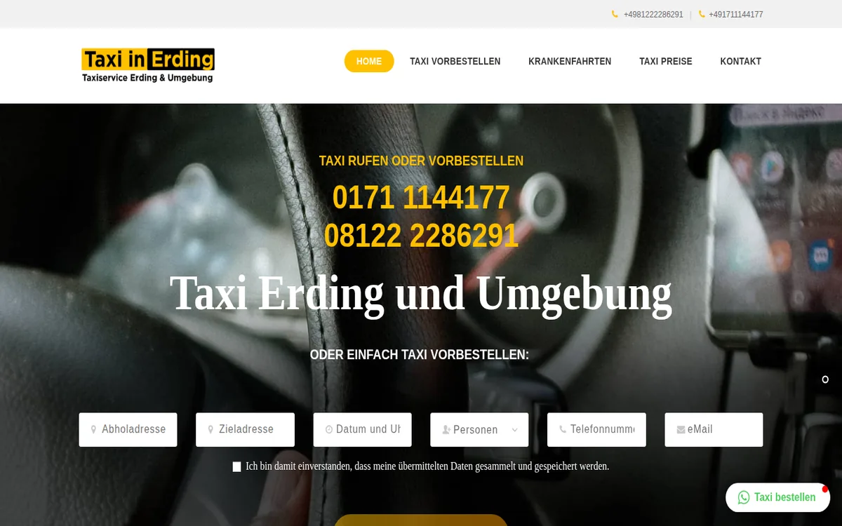 Home page of Taxi Erding with a booking form over the image
