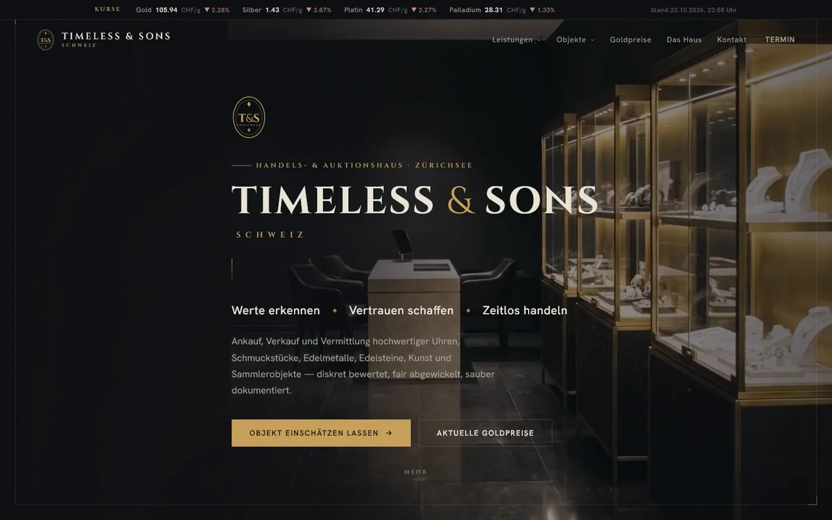 Home page of Timeless and Sons Switzerland with display cases in the showroom